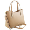 Angled And Shoulder Strap View Of The Champagne Genuine Leather Tote Handbag