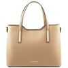 Front View Of The Champagne Genuine Leather Tote Handbag