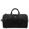 The Front View Of The Black Leather Travel Duffel Bag