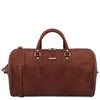 The Front View Of The Brown Leather Travel Duffel Bag
