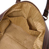 Internal Pocket View Of The Dark Brown Leather Travel Duffel Bag