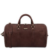 The Front View Of The Dark Brown Leather Travel Duffel Bag