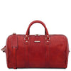 The Front View Of The Red Leather Travel Duffel Bag