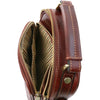 Top Angled Front Pocket View Of The Brown Crossbody Bag Leather
