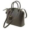 Angled And Shoulder Strap View Of The Dark Brown Small Leather Tote Handbag