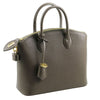 Angled View Of The Dark Brown Small Leather Tote Handbag
