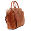 Angled View Of The Honey Leather Laptop Briefcase Bag