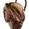Internal Zip Pocket View Of The Brown Leather Laptop Briefcase Bag