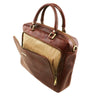 Front Zip Pocket View Of The Brown Leather Laptop Briefcase Bag