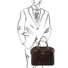 Man Posing With The Dark Brown Leather Laptop Briefcase Bag