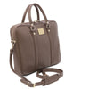 Angled and Shoulder Strap View Of The Dark Taupe Ladies Leather Laptop Case