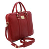 Angled And Shoulder Strap View Of The Red Ladies Leather Laptop Case