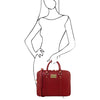 Woman Posing With The Red Ladies Leather Laptop Case