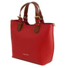 Angled View Of The Lipstick Red Two Tone Leather Handbag