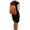 Women Posing With The Cognac Womens Leather Backpack