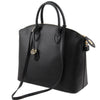 Angled And Shoulder Strap View Of The Black Ladies Leather Tote Bag