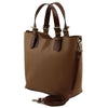 Angled And Shoulder Strap View Of The Caramel Two Toned Leather Handbag