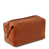 Angled View Of The Honey Leather Wash Bag