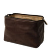 Open View Of The Dark Brown Small Leather Toiletry Bag