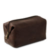 Angled View Of The Dark Brown Small Leather Toiletry Bag