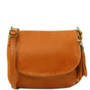 Front View Of The Cognac Leather Fringe Bag
