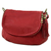 Angled View Of The Red Leather Fringe Bag
