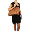 Women Posing With The Cognac Red Soft Leather Shopper Bag