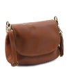 Angled View Of The Cinnamon Leather Fringe Bag