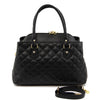 Front And Shoulder Strap View Of The Black Quilted Leather Handbag
