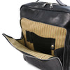 Front Compartment View Of The Black Leather Backpack Laptop Bag