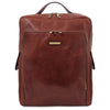 Front View Of The Brown Leather Backpack Laptop Bag