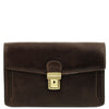 Front View Of The Dark Brown Leather Wrist Bag