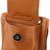 Front Pocket Magnetic Button Closer View Of The Cognac Cellphone Holder and Mini Crossbody Bag