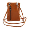 Shoulder Strap Attachment View Of The Cognac Cellphone Holder and Mini Crossbody Bag