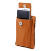 Front Pocket View Of The Cognac Cellphone Holder and Mini Crossbody Bag