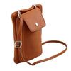 Shoulder Strap View Of The Cognac Cellphone Holder and Mini Crossbody Bag