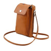 Angled View Of The Cognac Cellphone Holder and Mini Crossbody Bag