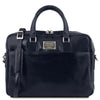 Front View Of The Dark Blue Leather Business Laptop Bag