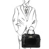Man Posing With The Black Luxury Leather Laptop Bag