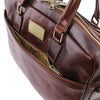 Front Pocket View Of The Brown Luxury Leather Laptop Bag