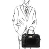 Man Posing With The Black Leather Business Laptop Bag