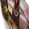 Front Pocket View Of The Brown Leather Business Laptop Bag
