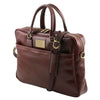 Angled And Shoulder Strap View Of The Brown Leather Business Laptop Bag