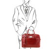 Man Posing With The Red Leather Business Laptop Bag