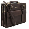 Angled And Shoulder Strap View Of The Dark Brown Professional Leather Bag