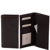 Front Open And Closed View Of The Dark Brown Vertical Bifold Wallet