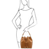 Women Posing With The Cognac Leather Bucket Bag