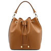 Front View Of The Cognac Leather Bucket Bag