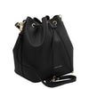 Angled And Shoulder Strap View Of The Black Leather Bucket Bag