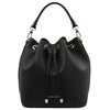 Front View Of The Black Leather Bucket Bag